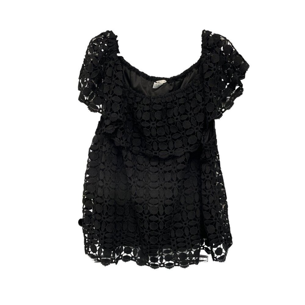CATO Tunic Top Crochet Design Floral Off Shoulder Lined Black Size 26/28